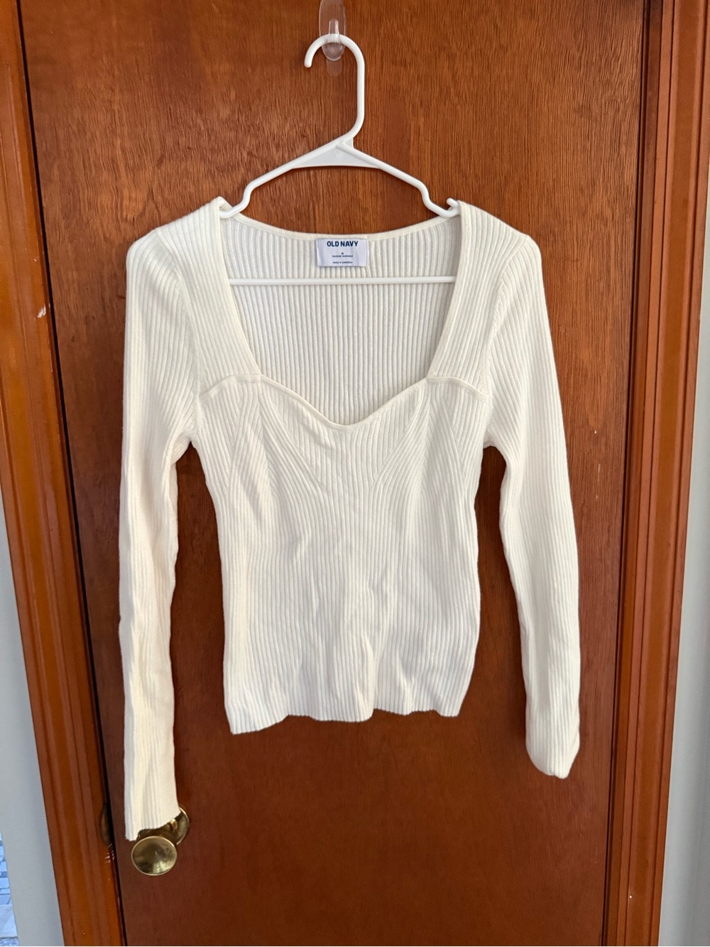 Old Navy Cream Ribbed Scoop Neck Long-Sleeve Top